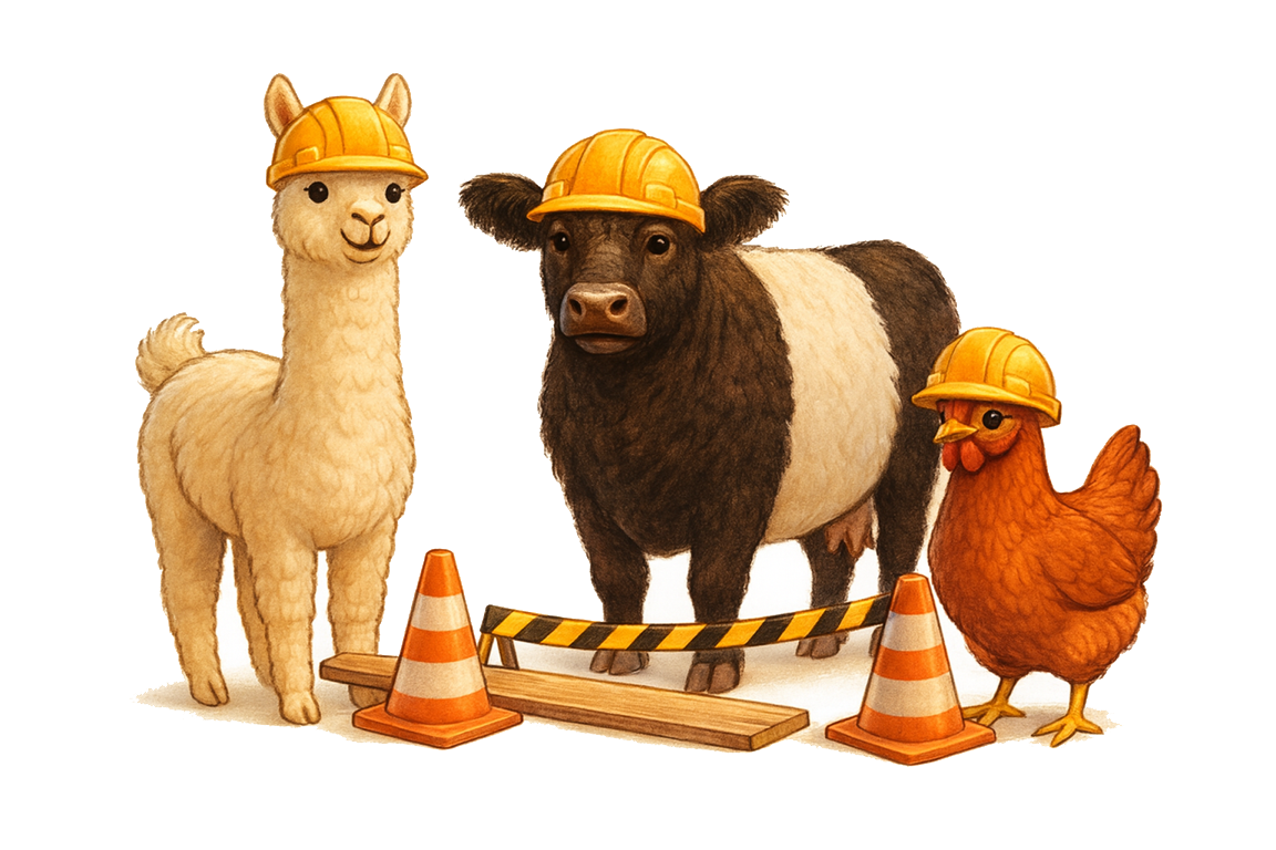 Alpaca, cow and chicken wearing hard hats at a construction site